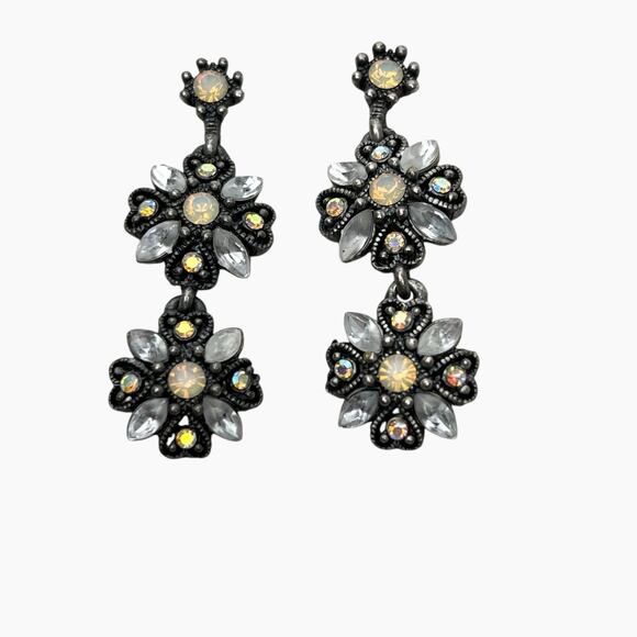 Earrings Dangle Rhinestones AB Color Accents Antiqued Silver Tone Romantic Boho - Picture 7 of 8